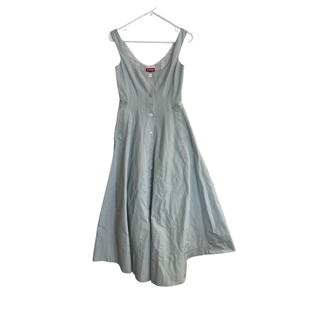 STAUD Loretta Button Front Midi Dress French Blue Pockets Sz 4 A LINE HEAVY